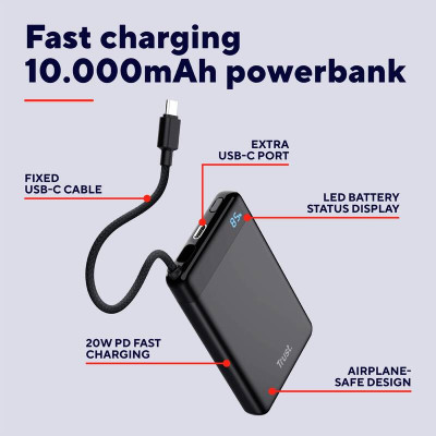 Акумулятор портативний літій-іонний power bank Trust Fiera, 10000мА·год, 2хUSB-C, 20W, PD/QC 3.0, чорний