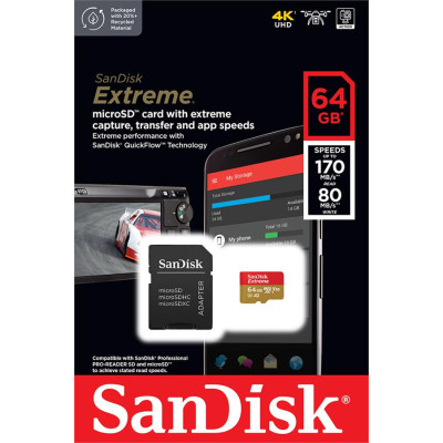 Карта пам'яті SanDisk microSD 64GB C10 UHS-I U3 R170/W80MB/s Extreme V30 + SD Карта пам'яті SanDisk microSD 64GB C10 UHS-I U3 R170/W80MB/s Extreme V30 + SD