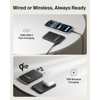 Акумулятор портативний літій-іонний Power Bank Belkin 5000мА·год, 20Вт PD/Qi2 15Вт, Magnetic Kickstand, чорний