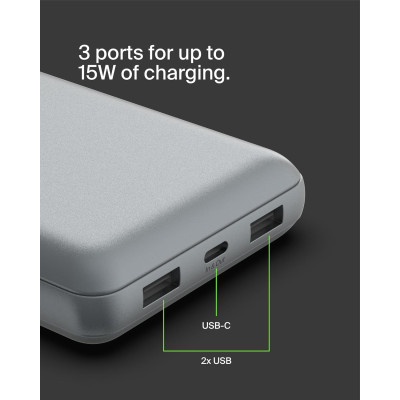 Акумулятор портативний літій-іонний Power Bank Belkin 20000мА·год, 15Вт, 2хUSB-A/USB-C, cірий Акумулятор портативний літій-іонний Power Bank Belkin 20000мА·год, 15Вт, 2хUSB-A/USB-C, cірий