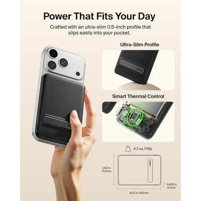 Акумулятор портативний літій-іонний Power Bank Belkin 5000мА·год, 20Вт PD/Qi2 15Вт, Magnetic Kickstand, чорний
