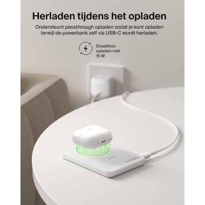 Аккумулятор портативный литий-ионный Power Bank Belkin 5000мА·ч, 20Вт PD/Qi2 15Вт, Magnetic Kickstand, белый