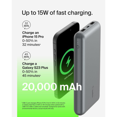 Акумулятор портативний літій-іонний Power Bank Belkin 20000мА·год, 15Вт, 2хUSB-A/USB-C, cірий Акумулятор портативний літій-іонний Power Bank Belkin 20000мА·год, 15Вт, 2хUSB-A/USB-C, cірий