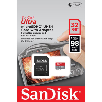 Карта пам'яті SanDisk microSD 32GB C10 UHS-I R100MB/s Ultra + SD Карта пам'яті SanDisk microSD 32GB C10 UHS-I R100MB/s Ultra + SD