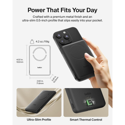 Акумулятор портативний літій-іонний Power Bank Belkin 5000мА·год, 15Вт/Qi2 7.5Вт, Slim Magnetic Ring, чорний