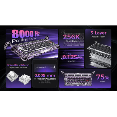 Клавіатура магнітна GravaStar Mercury V75 Pro 80keys, GravaStar x Gateron Jade Gaming, USB-A, 8k, RGB, Iron Purple