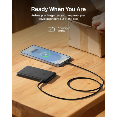 Акумулятор портативний літій-іонний Power Bank Belkin 5000мА·год, 15Вт/Qi2 7.5Вт, Slim Magnetic Ring, чорний