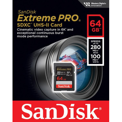 Карта пам'яті SanDisk SD 64GB C10 UHS-II U3 R280/W100MB/s Extreme Pro V60 Карта пам'яті SanDisk SD 64GB C10 UHS-II U3 R280/W100MB/s Extreme Pro V60