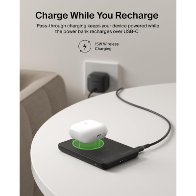 Акумулятор портативний літій-іонний Power Bank Belkin 5000мА·год, 20Вт PD/Qi2 15Вт, Magnetic Kickstand, чорний