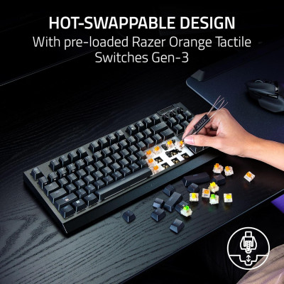 Клавіатура механічна Razer BlackWidow V4 TKL HyperSpeed, 87key, Orange Switch Gen-3, USB-A/WL/BT, EN, RGB, чорний