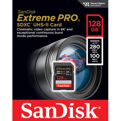 Карта пам'яті SanDisk SD 128GB C10 UHS-II U3 R280/W100MB/s Extreme Pro V60 Карта пам'яті SanDisk SD 128GB C10 UHS-II U3 R280/W100MB/s Extreme Pro V60