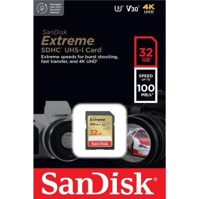 Карта пам'яті SanDisk SD 32GB C10 UHS-I U3 R100/W60MB/s Extreme V30 Карта пам'яті SanDisk SD 32GB C10 UHS-I U3 R100/W60MB/s Extreme V30
