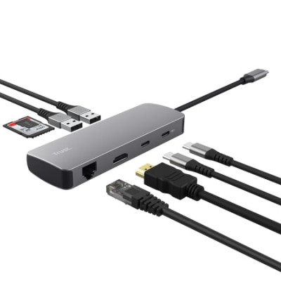 Адаптер Trust Dalyx 8in1 USB-C> 1xUSB-А 3.2/USB-A 2.0/2xUSB-С/HDMI/Ehernet/SD/microSD, Алюміній, 0.15м, Сірий Адаптер Trust Dalyx 8in1 USB-C> 1xUSB-А 3.2/USB-A 2.0/2xUSB-С/HDMI/Ehernet/SD/microSD, Алюміній, 0.15м, Сірий