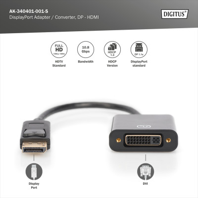Адаптер DIGITUS DP 1.1 - DVI Full HD, M/F, 0.15м
