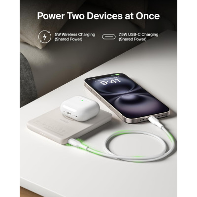 Акумулятор портативний літій-іонний Power Bank Belkin 5000мА·год, 15Вт/Qi2 7.5Вт, Slim Magnetic Ring, пісочний