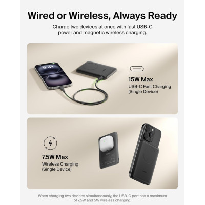 Акумулятор портативний літій-іонний Power Bank Belkin 5000мА·год, 15Вт/Qi2 7.5Вт, Slim Magnetic Ring, чорний