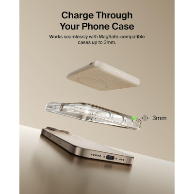 Акумулятор портативний літій-іонний Power Bank Belkin 5000мА·год, 15Вт/Qi2 7.5Вт, Slim Magnetic Ring, пісочний