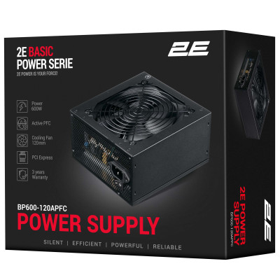 Блок живлення 2E Basic Power  (600W), >80%, 120мм, 1xMB 24pin(20+4), 1xCPU 8pin(4+4), 3xMolex, 4xSATA, 2xPCIe 8pin(6+2)
