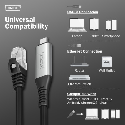 Кабель DIGITUS Ethernet USB-C - RJ45 CAT 6A S/FTP, 1 Gbit/s, 3m, LSZH