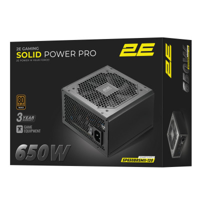 Блок живлення 2E GAMING Solid Power Pro ATX3.1 GEN5.0  (650W), >85%, 80+ Bronze, 120мм, 1xMB 24pin(20+4), 2xCPU 8pin(4+4), 3xMolex, 6xSATA, 4xPCIe 8pin(6+2), 1x12VHPWR, Semi Modular