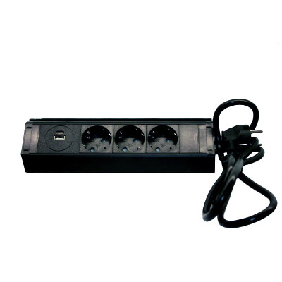 Меблева розетка кухонна горизонтальна з кабелем 3x16А, USB A+C 3.4А, чорний Меблева розетка кухонна горизонтальна з кабелем 3x16А, USB A+C 3.4А, чорний