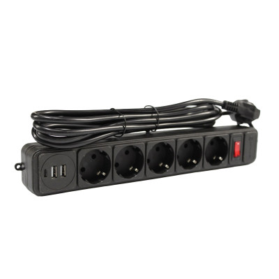 Мережевий фільтр із заземленням 5*3 метра, 2USB A + 1USB C, чорний Мережевий фільтр із заземленням 5*3 метра, 2USB A + 1USB C, чорний