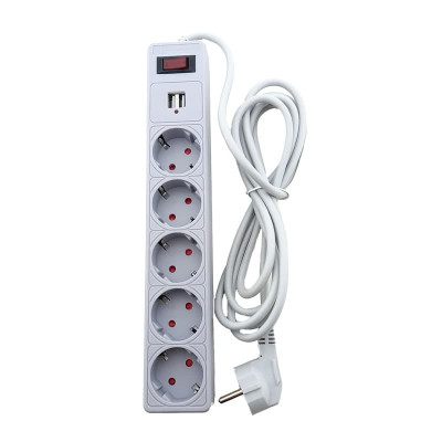 Мережевий фільтр із заземленням 5 гнізд + 2USB, 3 м, сірий, захисні шторки Мережевий фільтр із заземленням 5 гнізд + 2USB, 3 м, сірий, захисні шторки