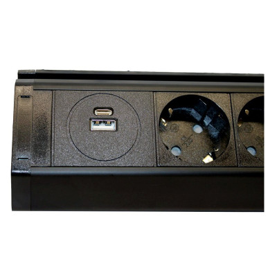 Меблева розетка кухонна горизонтальна з кабелем 3x16А, USB A+C 3.4А, чорний Меблева розетка кухонна горизонтальна з кабелем 3x16А, USB A+C 3.4А, чорний