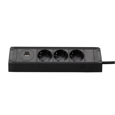 Меблева розетка кухонна горизонтальна з кабелем 3x16А, USB A+C 3.4А, чорний Меблева розетка кухонна горизонтальна з кабелем 3x16А, USB A+C 3.4А, чорний