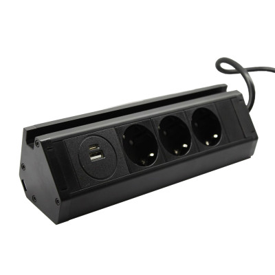 Меблева розетка кухонна горизонтальна з кабелем 3x16А, USB A+C 3.4А, чорний Меблева розетка кухонна горизонтальна з кабелем 3x16А, USB A+C 3.4А, чорний