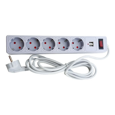 Мережевий фільтр із заземленням 5 гнізд + 2USB, 3 м, сірий, захисні шторки Мережевий фільтр із заземленням 5 гнізд + 2USB, 3 м, сірий, захисні шторки