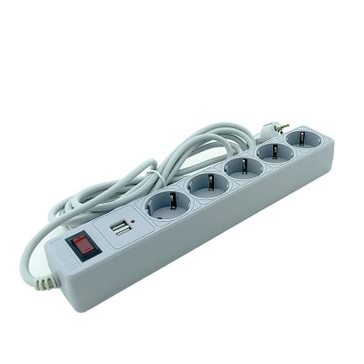 Мережевий фільтр із заземленням 5 гнізд + 2USB, 3 м, сірий, захисні шторки Мережевий фільтр із заземленням 5 гнізд + 2USB, 3 м, сірий, захисні шторки