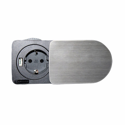 Меблева розетка компактна 1х16А, 1хUSB 2.1А, сріблястий металік, чорний Меблева розетка компактна 1х16А, 1хUSB 2.1А, сріблястий металік, чорний