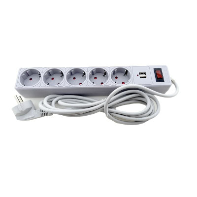 Мережевий фільтр із заземленням 5 гнізд + 2USB, 3 м, сірий, захисні шторки Мережевий фільтр із заземленням 5 гнізд + 2USB, 3 м, сірий, захисні шторки