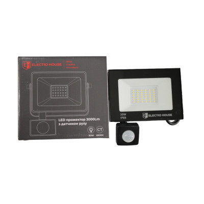 LED прожектор з датчиком руху 30Вт 3000 Лм 6500К холодний білий SMD2835 LED прожектор з датчиком руху 30Вт 3000 Лм 6500К холодний білий SMD2835