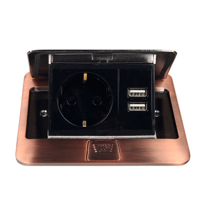 Розетка для підлоги з заземленням врізна 16А + 2USB 2.1А, IP44 , антична мідь