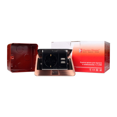 Розетка для підлоги з заземленням врізна 16А + 2USB 2.1А, IP44 , антична мідь