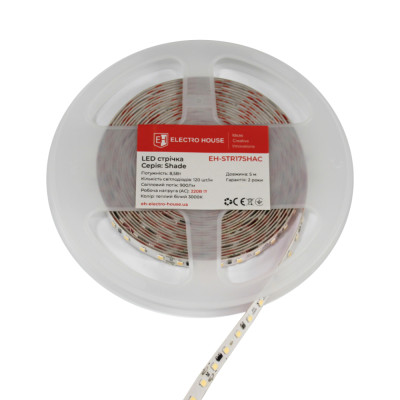 LED стрічка  8,5Вт 220 В  900 Лм , SMD2835 120 діодів, теплий білий 3000K, серія Shade, гарантія 2 роки
