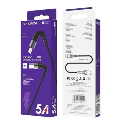 Кабель BOROFONE BX32 USB to Type-C 2.4A, 1m, nylon, aluminum+TPE connectors, Black Кабель BOROFONE BX32 USB to Type-C 2.4A, 1m, nylon, aluminum+TPE connectors, Black