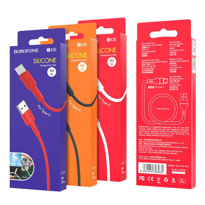 Кабель BOROFONE BX30 USB to Type-C, 3A, 1m, silicone, TPE connectors, White Кабель BOROFONE BX30 USB to Type-C, 3A, 1m, silicone, TPE connectors, White
