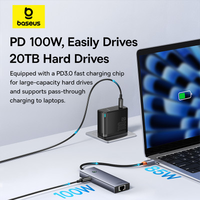 USB-хаб Baseus UltraJoy Series 5-Port HUB Space Grey（Type-C to USB3.0*3+RJ45*1+PD*1）