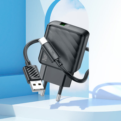 Мережевий зарядний пристрій з кабелем HOCO CS21A Rich single port QC3.0 charger set (Type-C)(EU) Black Мережевий зарядний пристрій з кабелем HOCO CS21A Rich single port QC3.0 charger set (Type-C)(EU) Black