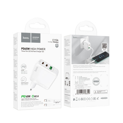 Мережевий зарядний пристрій HOCO C115A Header PD65W GaN  three-port(2C1A) charger set(Type-C to Type-C) White