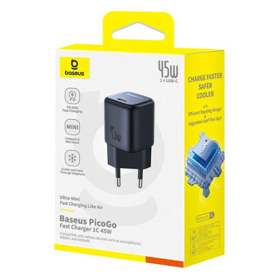Мережевий зарядний пристрій Baseus PicoGo GaN Fast Charger 1C 45W EU Cosmic Black Мережевий зарядний пристрій Baseus PicoGo GaN Fast Charger 1C 45W EU Cosmic Black