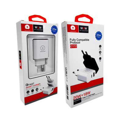Мережевий зарядний пристрій WUW-C172 20W PD USB-C + USB QC3.0 18W black Мережевий зарядний пристрій WUW-C172 20W PD USB-C + USB QC3.0 18W black