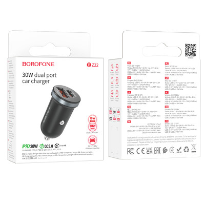 Автомобільний зарядний пристрій BOROFONE BZ22 Scenery dual port PD30W+QC3.0 car charger Black Автомобільний зарядний пристрій BOROFONE BZ22 Scenery dual port PD30W+QC3.0 car charger Black