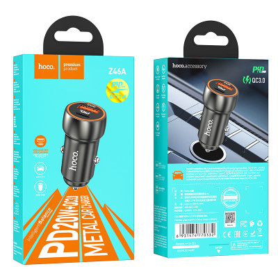Автомобільний зарядний пристрій HOCO Z46A Blue whale PD20W+QC3.0 car charger Metal Gray