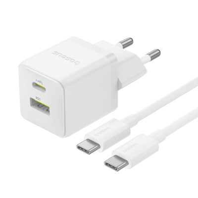 Мережевий зарядний пристрій з кабелем Baseus Palm Fast Charger C+U 30W EU Moon White (with USB-C to USB-C 60W (20V/3A) 1m Moon White)