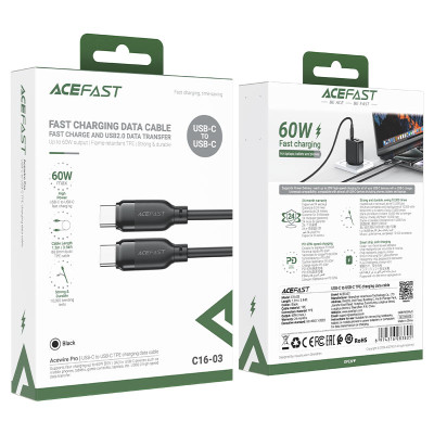 Кабель ACEFAST C16-03, Type-C to Type-C, 60W, 1.2m, TPE, TPU connectors, Black Кабель ACEFAST C16-03, Type-C to Type-C, 60W, 1.2m, TPE, TPU connectors, Black