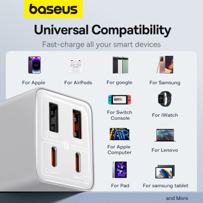 Мережевий зарядний пристрій з кабелем Baseus GaN6 Pro Fast Charger 2C+2U 65W  EU Moon White((With:Mini White Cable C to C 100W(20V/5A) 1m White）